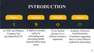 In 1959, the Pillsbury
Company first
developed HACCP.
It improves product
safety by
anticipating and
preventing health
hazards before them
occur.
It was limited
because it is a
difficult system to
implement.
Academy of Science
Food Protection
Committee suggesting
that it is most effective
method for food safety.
History Function Difficulty Report
INTRODUCTION
3
 