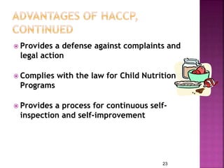  Provides a defense against complaints and
legal action
 Complies with the law for Child Nutrition
Programs
 Provides a process for continuous self-
inspection and self-improvement
23
 