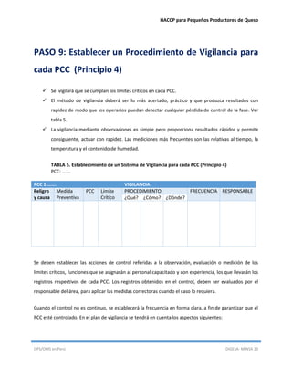 HACCP para Pequeños Productores de Queso
OPS/OMS en Perú DIGESA- MINSA 23
PASO 9: Establecer un Procedimiento de Vigilancia para
cada PCC (Principio 4)
 Se vigilará que se cumplan los límites críticos en cada PCC.
 El método de vigilancia deberá ser lo más acertado, práctico y que produzca resultados con
rapidez de modo que los operarios puedan detectar cualquier pérdida de control de la fase. Ver
tabla 5.
 La vigilancia mediante observaciones es simple pero proporciona resultados rápidos y permite
consiguiente, actuar con rapidez. Las mediciones más frecuentes son las relativas al tiempo, la
temperatura y el contenido de humedad.
TABLA 5. Establecimiento de un Sistema de Vigilancia para cada PCC (Principio 4)
PCC: …….
PCC 1:……. VIGILANCIA
Peligro
y causa
Medida
Preventiva
PCC Límite
Crítico
PROCEDIMIENTO FRECUENCIA RESPONSABLE
¿Qué? ¿Cómo? ¿Dónde?
Se deben establecer las acciones de control referidas a la observación, evaluación o medición de los
límites críticos, funciones que se asignarán al personal capacitado y con experiencia, los que llevarán los
registros respectivos de cada PCC. Los registros obtenidos en el control, deben ser evaluados por el
responsable del área, para aplicar las medidas correctoras cuando el caso lo requiera.
Cuando el control no es continuo, se establecerá la frecuencia en forma clara, a fin de garantizar que el
PCC esté controlado. En el plan de vigilancia se tendrá en cuenta los aspectos siguientes:
 