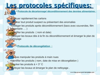 LLeess pprroottooccoolleess ssppéécciiffiiqquueess:: 
Protocole de décartonnage/ déconditionnement des denrées alimentaires : 
•Evacuer rapidement les cartons 
•Eliminer tout produit suspect ou présentant des anomalies 
•Protéger les produits après déconditionnement (bacs avec couvercles, film 
alimentaire … ) 
•Identifier les produits ( nom et date) 
•Nettoyer les locaux dès à la fin du déconditionnement et émarger le plan de 
nettoyage 
Protocole de décongélation : 
•Ne pas manipuler les produits à main nues 
•Identifier les produits ( nom, date de mise en décongélation ) 
•Stocker les produits à + 3° C 
•Nettoyer les locaux et émarger le plan de nettoyage . 
 