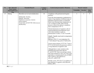 25 | P a g e
No Raw Material/
Food Contact
Material/Process
Step
Potential Hazard Category
(B/C/P)
Control and preventative Measures Hazard Analysis
Probability Severity Risk
Level
15 Baking Microbial survival and multiplication:
(Salmonella, Yersinia,,
Shigella Norovirus,
Staphylococcusaureus, Listeria
monocytogenes
Escherichia coli O157:H7, Micrococcus
and Bacillus)
B Compliance with good personal hygiene
practices.
Given the time-temperature combinations to
achieve 6 log reduction of different types of
pathogenic bacterial strains as mentioned
below, meet binomial time/ temperature set
(10–12 minute sat 200–220ºC) for the
process so that at the interior is reached at
least a temperature of 70 ° C
Thermal destruction of vegetative cells of
disease-producing microorganisms occur
with a heat treatment as same as
pasteurization or above :72 for 15 seconds
Shigella : Rapidly inactivated at temperatures
above 650
C.
Baking at 190.6 °C oven temperature for
17 min reduced 5 log cycles of Salmonella.
Listeria monocytogenes: 63 0
C for 17 min or
85 0
C for 0.02 min for the process to achieve
a 6 log reduction of vegetative cells
Although there is some variation in the
published heat inactivation data for
E. coli 0157:H7, there is no strong evidence
that a heat treatment of 70°C for 2 min or the
equivalent, as recommended by the ACMSF,
fails to deliver a 6D reduction in
cells of E. coli0157:H7
Bacillus cereus: 70 0
C for 12 s to achieve a 6
log reduction of vegetative cells (Byrne &
Bolton, 2007)
3 3 9
 