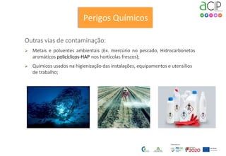 Outras vias de contaminação:
 Metais e poluentes ambientais (Ex. mercúrio no pescado, Hidrocarbonetos
aromáticos policíclicos-HAP nos hortícolas frescos);
 Químicos usados na higienização das instalações, equipamentos e utensílios
de trabalho;
 