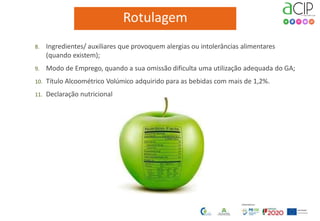 8. Ingredientes/ auxiliares que provoquem alergias ou intolerâncias alimentares
(quando existem);
9. Modo de Emprego, quando a sua omissão dificulta uma utilização adequada do GA;
10. Título Alcoométrico Volúmico adquirido para as bebidas com mais de 1,2%.
11. Declaração nutricional
 