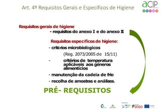 Requisitosgerais de higiene
- requisitosdo anexo I e do anexo I
I
Requisitosespecíficosde higiene:
- critérios microbiológicos
(Reg. 2073/2005 de 15/11)
- critérios de temperatura
aplicáveis aos géneros
alimentícios
- manutenção da cadeia de frio
- recolha de amostras e análises.
PRÉ- REQUISITOS
Art. 4º Requisitos Gerais e Específicos de Higiene
 