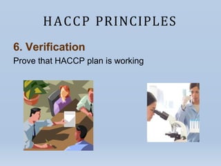 HACCP PRINCIPLES
6. Verification
Prove that HACCP plan is working
 