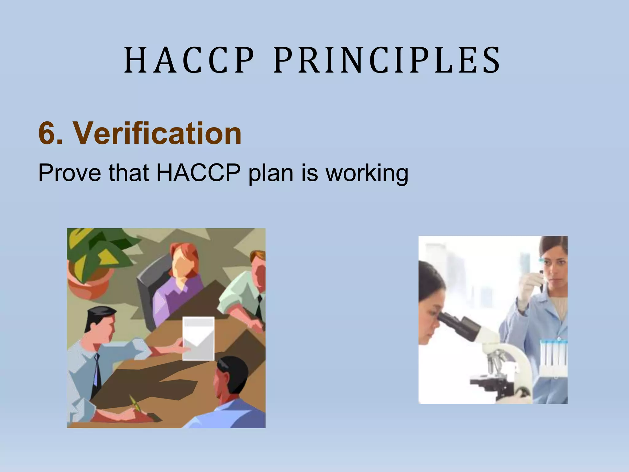 HACCP PRINCIPLES
6. Verification
Prove that HACCP plan is working
 
