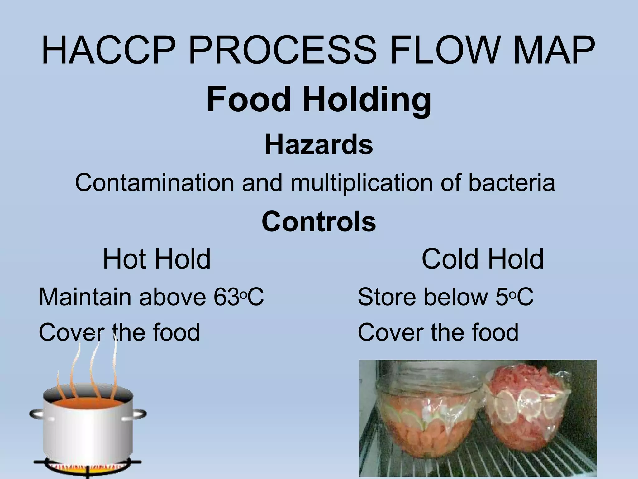 HACCP PROCESS FLOW MAP
Food Holding
Hazards
Contamination and multiplication of bacteria
Controls
Hot Hold
Maintain above 63oC
Cover the food
Cold Hold
Store below 5oC
Cover the food
 