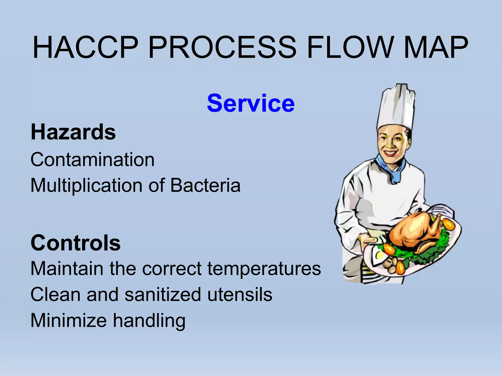 HACCP PROCESS FLOW MAP
Service
Hazards
Contamination
Multiplication of Bacteria
Controls
Maintain the correct temperatures
Clean and sanitized utensils
Minimize handling
 