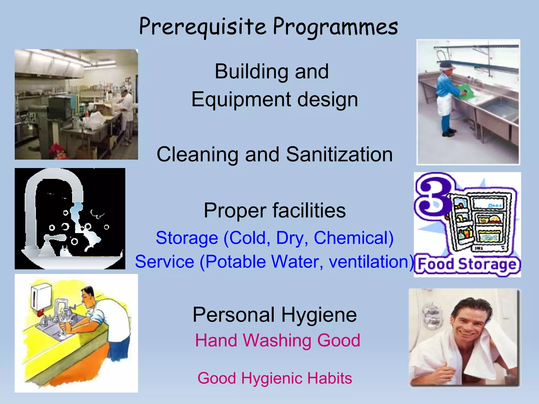 Prerequisite Programmes
Building and
Equipment design
Cleaning and Sanitization
Proper facilities
Storage (Cold, Dry, Chemical)
Service (Potable Water, ventilation)
Personal Hygiene
Hand Washing Good
Good Hygienic Habits
 