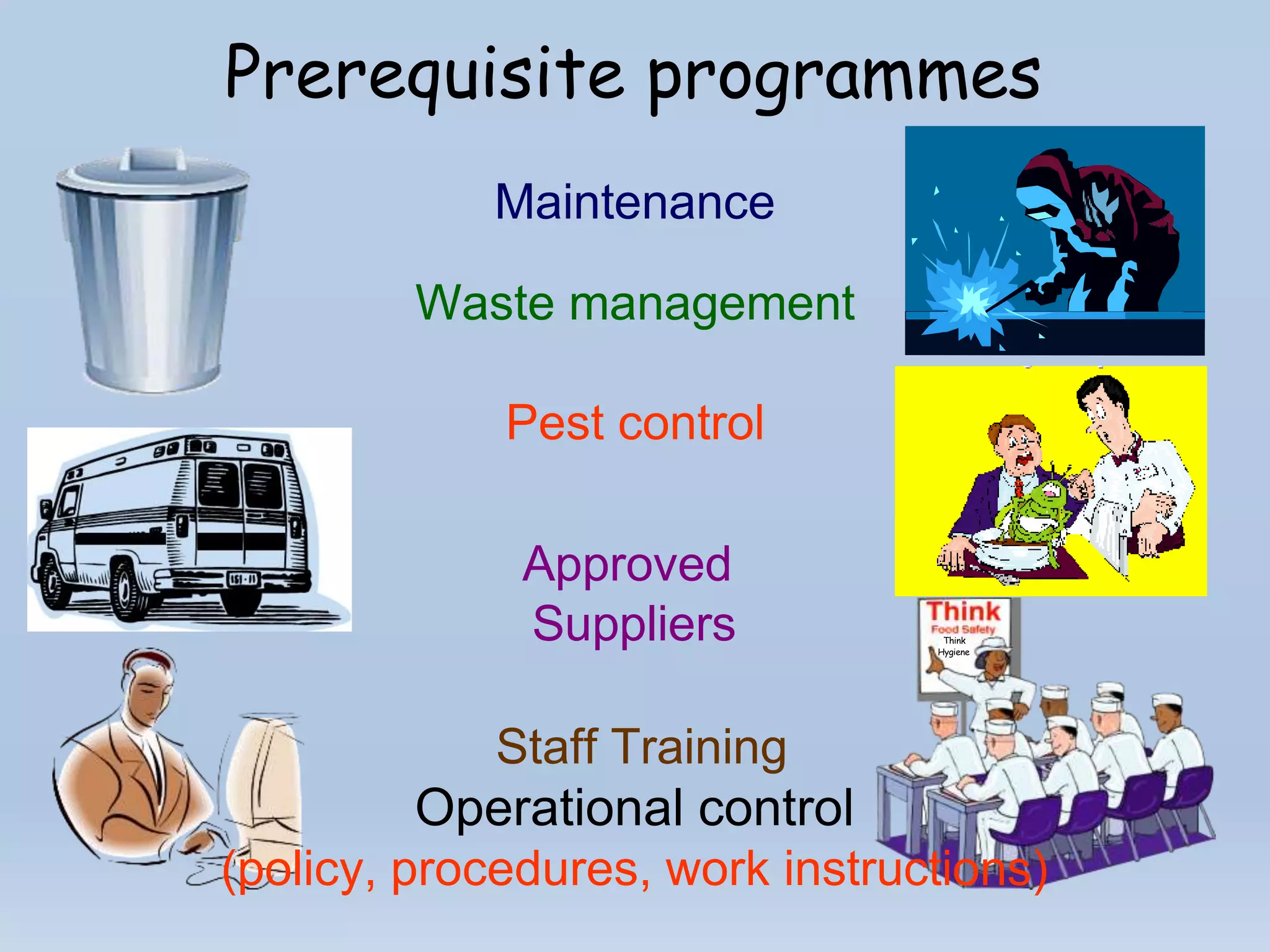 Prerequisite programmes
Maintenance
Waste management
Pest control
Approved
Suppliers Think
Hygiene
Staff Training
Operational control
(policy, procedures, work instructions)
 