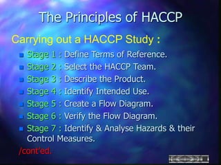  Stage 1 : Define Terms of Reference.
 Stage 2 : Select the HACCP Team.
 Stage 3 : Describe the Product.
 Stage 4 : Identify Intended Use.
 Stage 5 : Create a Flow Diagram.
 Stage 6 : Verify the Flow Diagram.
 Stage 7 : Identify & Analyse Hazards & their
Control Measures.
/cont’ed.
The Principles of HACCP
Carrying out a HACCP Study :
 