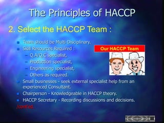  Team should be Multi-Disciplinary.
 Skill Resources Required :
– Q.A/Q.C specialist,
– Production specialist,
– Engineering specialist,
– Others as required.
 Small businesses - seek external specialist help from an
experienced Consultant.
 Chairperson - Knowledgeable in HACCP theory.
 HACCP Secretary - Recording discussions and decisions.
/cont’ed.
The Principles of HACCP
2. Select the HACCP Team :
Our HACCP Team
 