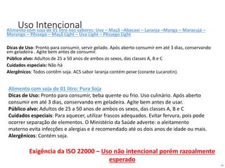 20
Uso IntencionalAlimento com soja de 01 litro nos sabores: Uva – Maçã –Abacaxi – Laranja –Manga – Maracujá –
Morango – Pêssego – Maçã Light – Uva Light – Pêssego Light
Dicas de Uso: Pronto para consumir, servir gelado. Após aberto consumir em até 3 dias, conservando
em geladeira . Agite bem antes de consumir.
Público alvo: Adultos de 25 a 50 anos de ambos os sexos, das classes A, B e C
Cuidados especiais: Não há
Alergênicos: Todos contêm soja. ACS sabor laranja contém peixe (corante Lucarotin).
Exigência da ISO 22000 – Uso não intencional porém razoalmente
esperado
Alimento com soja de 01 litro: Pura Soja
Dicas de Uso: Pronto para consumir, beba quente ou frio. Uso culinário. Após aberto
consumir em até 3 dias, conservando em geladeira. Agite bem antes de usar.
Público alvo: Adultos de 25 a 50 anos de ambos os sexos, das classes A, B e C
Cuidados especiais: Para aquecer, utilizar frascos adequados. Evitar fervura, pois pode
ocorrer separação de elementos. O Ministério da Saúde adverte: o aleitamento
materno evita infecções e alergias e é recomendado até os dois anos de idade ou mais.
Alergênicos: Contém soja.
 