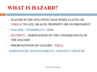 WHAT IS HAZARD?
Chef Sunil Kumar
4
 HAZARD IS THE SITUATION THAT POSES A LEVEL OF
THREAT TO LIFE, HEALTH, PROPERTY OR ENVIRONMENT
 HAZARD + POSSIBILITY = RISK
 SEVERITY – SERIOUSNESS OF THE CONSEQUENCES OF
THE HAZARD
 PRIORITIZATION OF HAZARD – SMUG
SERIOUSNESS, MANAGEABILITY, URGENCY, GROWTH
 