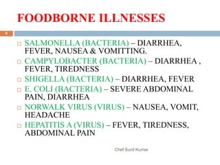 FOODBORNE ILLNESSES
Chef Sunil Kumar
6
 SALMONELLA (BACTERIA) – DIARRHEA,
FEVER, NAUSEA & VOMITTING.
 CAMPYLOBACTER (BACTERIA) – DIARRHEA ,
FEVER, TIREDNESS
 SHIGELLA (BACTERIA) – DIARRHEA, FEVER
 E. COLI (BACTERIA) – SEVERE ABDOMINAL
PAIN, DIARRHEA
 NORWALK VIRUS (VIRUS) – NAUSEA, VOMIT,
HEADACHE
 HEPATITIS A (VIRUS) – FEVER, TIREDNESS,
ABDOMINAL PAIN
 