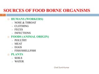 SOURCES OF FOOD BORNE ORGANISMS
Chef Sunil Kumar
7
 HUMANS (WORKERS)
 NOSE & THROAT
 CLOTHING
 FECES
 INFECTIONS
 FOODS (ANIMAL ORIGIN)
 POULTRY
 MEAT
 EGGS
 FISH/SHELLFISH
 PLANTS
 SOILS
 WATER
 