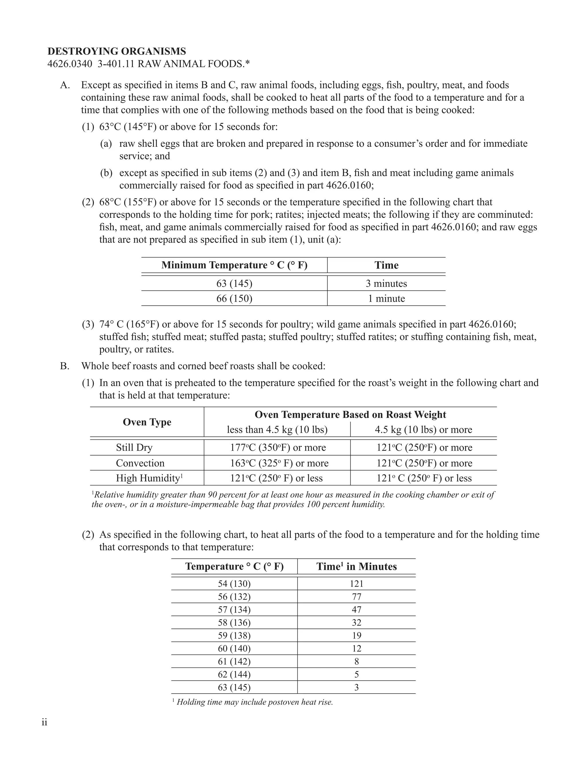 ii
DESTROYING ORGANISMS
4626.0340 3-401.11 RAW ANIMAL FOODS.*
A. Except as speciﬁed in items B and C, raw animal foods, including eggs, ﬁsh, poultry, meat, and foods
containing these raw animal foods, shall be cooked to heat all parts of the food to a temperature and for a
time that complies with one of the following methods based on the food that is being cooked:
(1) 63°C (145°F) or above for 15 seconds for:
(a) raw shell eggs that are broken and prepared in response to a consumer’s order and for immediate
service; and
(b) except as speciﬁed in sub items (2) and (3) and item B, ﬁsh and meat including game animals
commercially raised for food as speciﬁed in part 4626.0160;
(2) 68°C (155°F) or above for 15 seconds or the temperature speciﬁed in the following chart that
corresponds to the holding time for pork; ratites; injected meats; the following if they are comminuted:
ﬁsh, meat, and game animals commercially raised for food as speciﬁed in part 4626.0160; and raw eggs
that are not prepared as speciﬁed in sub item (1), unit (a):
Minimum Temperature ° C (° F) Time
63 (145) 3 minutes
66 (150) 1 minute
(3) 74° C (165°F) or above for 15 seconds for poultry; wild game animals speciﬁed in part 4626.0160;
stuffed ﬁsh; stuffed meat; stuffed pasta; stuffed poultry; stuffed ratites; or stufﬁng containing ﬁsh, meat,
poultry, or ratites.
B. Whole beef roasts and corned beef roasts shall be cooked:
(1) In an oven that is preheated to the temperature speciﬁed for the roast’s weight in the following chart and
that is held at that temperature:
Oven Type
Oven Temperature Based on Roast Weight
less than 4.5 kg (10 lbs) 4.5 kg (10 lbs) or more
Still Dry 177o
C (350o
F) or more 121o
C (250o
F) or more
Convection 163o
C (325o
F) or more 121o
C (250o
F) or more
High Humidity1
121o
C (250o
F) or less 121o
C (250o
F) or less
1
Relative humidity greater than 90 percent for at least one hour as measured in the cooking chamber or exit of
the oven-, or in a moisture-impermeable bag that provides 100 percent humidity.
(2) As speciﬁed in the following chart, to heat all parts of the food to a temperature and for the holding time
that corresponds to that temperature:
Temperature ° C (° F) Time1
in Minutes
54 (130) 121
56 (132) 77
57 (134) 47
58 (136) 32
59 (138) 19
60 (140) 12
61 (142) 8
62 (144) 5
63 (145) 3
1
Holding time may include postoven heat rise.
 