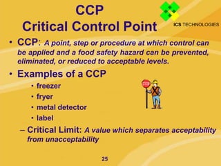 CCP
Critical Control Point
• CCP: A point, step or procedure at which control can
be applied and a food safety hazard can ...