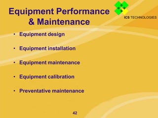Equipment Performance
& Maintenance
42
• Equipment design
• Equipment installation
• Equipment maintenance
• Equipment cal...