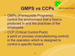 GMPS vs CCPs
7
• GMPs (Prerequisite Programs)
control the environment that a food is
produced in and the practices of the
...