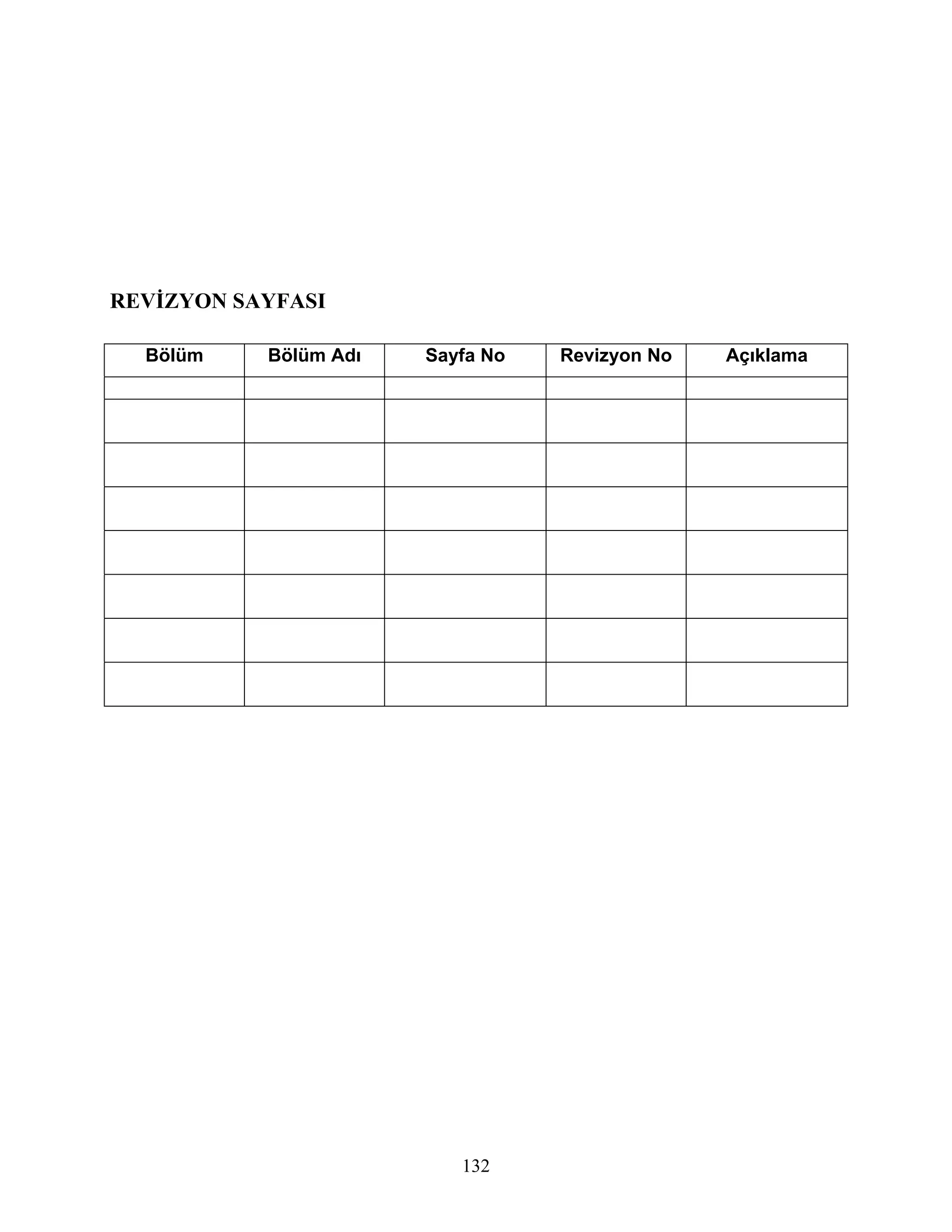 REVİZYON SAYFASI

  Bölüm    Bölüm Adı   Sayfa No   Revizyon No   Açıklama




                          132
 