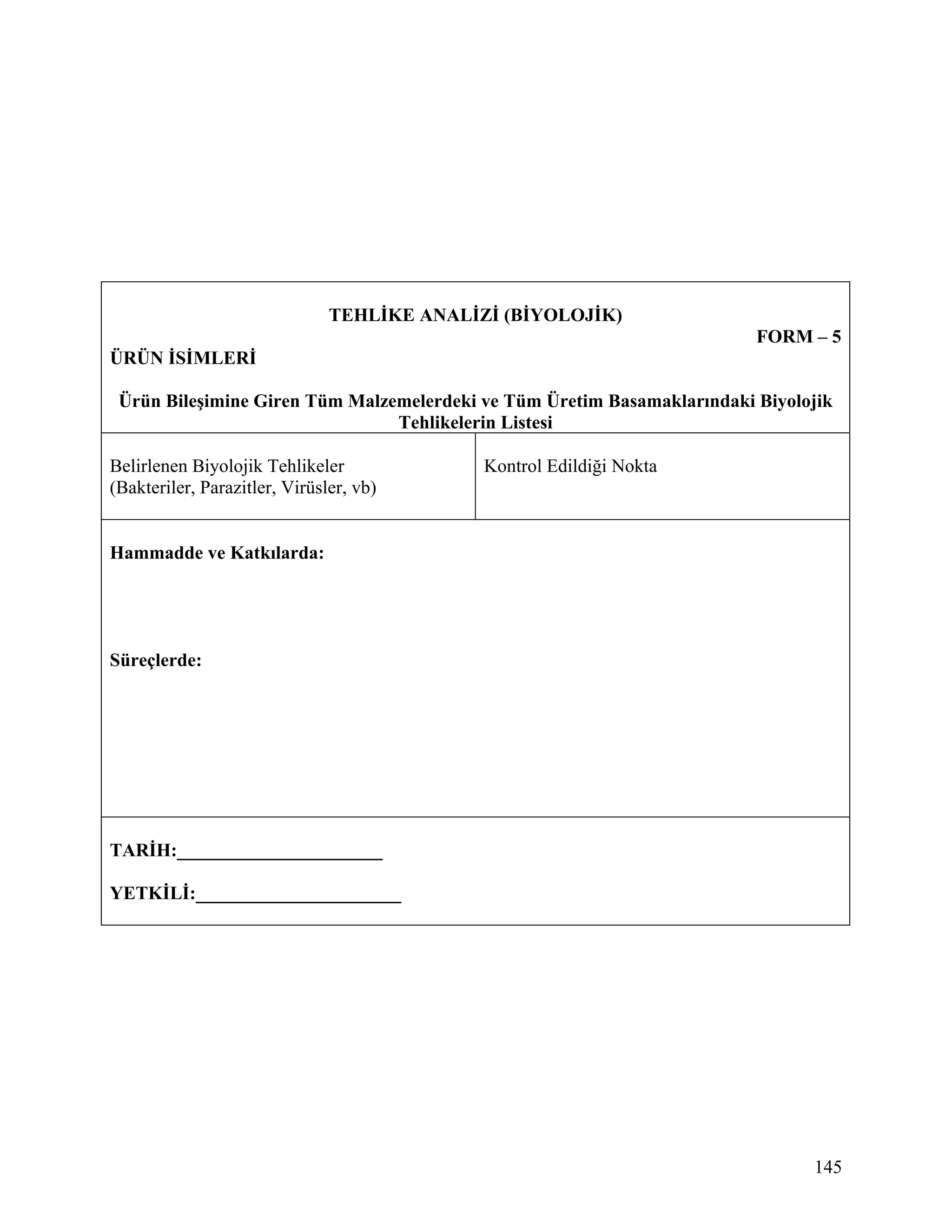 TEHLİKE ANALİZİ (BİYOLOJİK)
                                                                         FORM – 5
ÜRÜN İSİMLERİ

 Ürün Bileşimine Giren Tüm Malzemelerdeki ve Tüm Üretim Basamaklarındaki Biyolojik
                                Tehlikelerin Listesi

Belirlenen Biyolojik Tehlikeler              Kontrol Edildiği Nokta
(Bakteriler, Parazitler, Virüsler, vb)


Hammadde ve Katkılarda:




Süreçlerde:




TARİH:______________________

YETKİLİ:______________________




                                                                               145
 