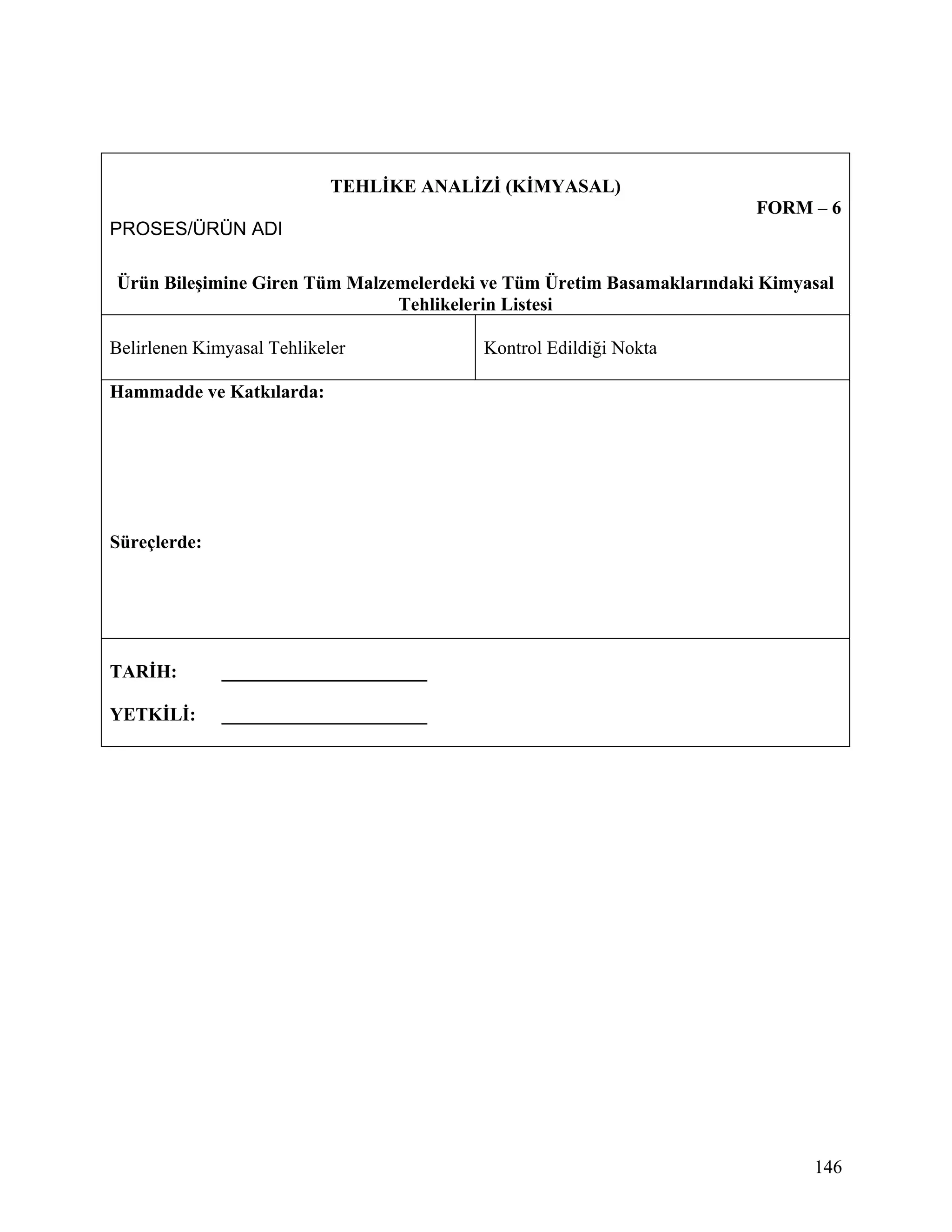 TEHLİKE ANALİZİ (KİMYASAL)
                                                                       FORM – 6
PROSES/ÜRÜN ADI

Ürün Bileşimine Giren Tüm Malzemelerdeki ve Tüm Üretim Basamaklarındaki Kimyasal
                               Tehlikelerin Listesi

Belirlenen Kimyasal Tehlikeler           Kontrol Edildiği Nokta

Hammadde ve Katkılarda:




Süreçlerde:




TARİH:        ______________________

YETKİLİ:      ______________________




                                                                             146
 