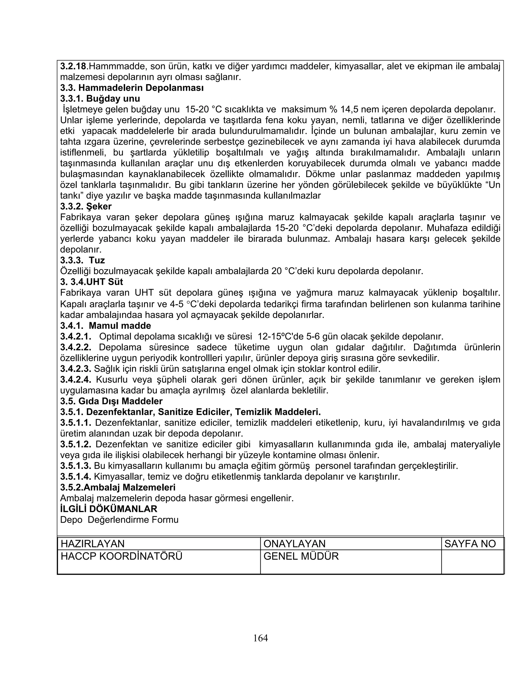 3.2.18.Hammmadde, son ürün, katkı ve diğer yardımcı maddeler, kimyasallar, alet ve ekipman ile ambalaj
malzemesi depolarının ayrı olması sağlanır.
3.3. Hammadelerin Depolanması
3.3.1. Buğday unu
 İşletmeye gelen buğday unu 15-20 °C sıcaklıkta ve maksimum % 14,5 nem içeren depolarda depolanır.
Unlar işleme yerlerinde, depolarda ve taşıtlarda fena koku yayan, nemli, tatlarına ve diğer özelliklerinde
etki yapacak maddelelerle bir arada bulundurulmamalıdır. İçinde un bulunan ambalajlar, kuru zemin ve
tahta ızgara üzerine, çevrelerinde serbestçe gezinebilecek ve aynı zamanda iyi hava alabilecek durumda
istiflenmeli, bu şartlarda yükletilip boşaltılmalı ve yağış altında bırakılmamalıdır. Ambalajlı unların
taşınmasında kullanılan araçlar unu dış etkenlerden koruyabilecek durumda olmalı ve yabancı madde
bulaşmasından kaynaklanabilecek özellikte olmamalıdır. Dökme unlar paslanmaz maddeden yapılmış
özel tanklarla taşınmalıdır. Bu gibi tankların üzerine her yönden görülebilecek şekilde ve büyüklükte “Un
tankı” diye yazılır ve başka madde taşınmasında kullanılmazlar
3.3.2. Şeker
Fabrikaya varan şeker depolara güneş ışığına maruz kalmayacak şekilde kapalı araçlarla taşınır ve
özelliği bozulmayacak şekilde kapalı ambalajlarda 15-20 °C’deki depolarda depolanır. Muhafaza edildiği
yerlerde yabancı koku yayan maddeler ile birarada bulunmaz. Ambalajı hasara karşı gelecek şekilde
depolanır.
3.3.3. Tuz
Özelliği bozulmayacak şekilde kapalı ambalajlarda 20 °C’deki kuru depolarda depolanır.
3. 3.4.UHT Süt
Fabrikaya varan UHT süt depolara güneş ışığına ve yağmura maruz kalmayacak yüklenip boşaltılır.
Kapalı araçlarla taşınır ve 4-5 °C’deki depolarda tedarikçi firma tarafından belirlenen son kulanma tarihine
kadar ambalajındaa hasara yol açmayacak şekilde depolanırlar.
3.4.1. Mamul madde
3.4.2.1. Optimal depolama sıcaklığı ve süresi 12-15ºC'de 5-6 gün olacak şekilde depolanır.
3.4.2.2. Depolama süresince sadece tüketime uygun olan gıdalar dağıtılır. Dağıtımda ürünlerin
özelliklerine uygun periyodik kontrollleri yapılır, ürünler depoya giriş sırasına göre sevkedilir.
3.4.2.3. Sağlık için riskli ürün satışlarına engel olmak için stoklar kontrol edilir.
3.4.2.4. Kusurlu veya şüpheli olarak geri dönen ürünler, açık bir şekilde tanımlanır ve gereken işlem
uygulamasına kadar bu amaçla ayrılmış özel alanlarda bekletilir.
3.5. Gıda Dışı Maddeler
3.5.1. Dezenfektanlar, Sanitize Ediciler, Temizlik Maddeleri.
3.5.1.1. Dezenfektanlar, sanitize ediciler, temizlik maddeleri etiketlenip, kuru, iyi havalandırılmış ve gıda
üretim alanından uzak bir depoda depolanır.
3.5.1.2. Dezenfektan ve sanitize ediciler gibi kimyasalların kullanımında gıda ile, ambalaj materyaliyle
veya gıda ile ilişkisi olabilecek herhangi bir yüzeyle kontamine olması önlenir.
3.5.1.3. Bu kimyasalların kullanımı bu amaçla eğitim görmüş personel tarafından gerçekleştirilir.
3.5.1.4. Kimyasallar, temiz ve doğru etiketlenmiş tanklarda depolanır ve karıştırılır.
3.5.2.Ambalaj Malzemeleri
Ambalaj malzemelerin depoda hasar görmesi engellenir.
İLGİLİ DÖKÜMANLAR
Depo Değerlendirme Formu

HAZIRLAYAN                                        ONAYLAYAN                                    SAYFA NO
HACCP KOORDİNATÖRÜ                                GENEL MÜDÜR




                                               164
 