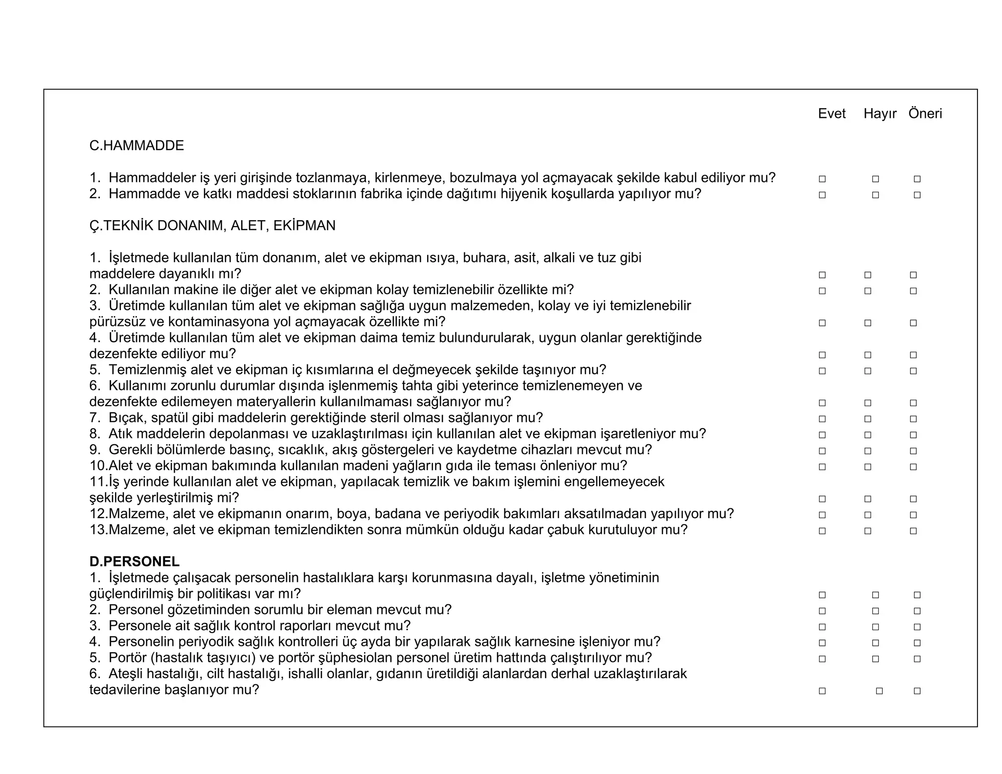 Evet   Hayır Öneri

C.HAMMADDE

1. Hammaddeler iş yeri girişinde tozlanmaya, kirlenmeye, bozulmaya yol açmayacak şekilde kabul ediliyor mu?   □       □      □
2. Hammadde ve katkı maddesi stoklarının fabrika içinde dağıtımı hijyenik koşullarda yapılıyor mu?            □       □      □

Ç.TEKNİK DONANIM, ALET, EKİPMAN

1. İşletmede kullanılan tüm donanım, alet ve ekipman ısıya, buhara, asit, alkali ve tuz gibi
maddelere dayanıklı mı?                                                                                       □      □       □
2. Kullanılan makine ile diğer alet ve ekipman kolay temizlenebilir özellikte mi?                             □      □       □
3. Üretimde kullanılan tüm alet ve ekipman sağlığa uygun malzemeden, kolay ve iyi temizlenebilir
pürüzsüz ve kontaminasyona yol açmayacak özellikte mi?                                                        □      □       □
4. Üretimde kullanılan tüm alet ve ekipman daima temiz bulundurularak, uygun olanlar gerektiğinde
dezenfekte ediliyor mu?                                                                                       □      □       □
5. Temizlenmiş alet ve ekipman iç kısımlarına el değmeyecek şekilde taşınıyor mu?                             □      □       □
6. Kullanımı zorunlu durumlar dışında işlenmemiş tahta gibi yeterince temizlenemeyen ve
dezenfekte edilemeyen materyallerin kullanılmaması sağlanıyor mu?                                             □      □       □
7. Bıçak, spatül gibi maddelerin gerektiğinde steril olması sağlanıyor mu?                                    □      □       □
8. Atık maddelerin depolanması ve uzaklaştırılması için kullanılan alet ve ekipman işaretleniyor mu?          □      □       □
9. Gerekli bölümlerde basınç, sıcaklık, akış göstergeleri ve kaydetme cihazları mevcut mu?                    □      □       □
10.Alet ve ekipman bakımında kullanılan madeni yağların gıda ile teması önleniyor mu?                         □      □       □
11.İş yerinde kullanılan alet ve ekipman, yapılacak temizlik ve bakım işlemini engellemeyecek
şekilde yerleştirilmiş mi?                                                                                    □      □       □
12.Malzeme, alet ve ekipmanın onarım, boya, badana ve periyodik bakımları aksatılmadan yapılıyor mu?          □      □       □
13.Malzeme, alet ve ekipman temizlendikten sonra mümkün olduğu kadar çabuk kurutuluyor mu?                    □      □       □

D.PERSONEL
1. İşletmede çalışacak personelin hastalıklara karşı korunmasına dayalı, işletme yönetiminin
güçlendirilmiş bir politikası var mı?                                                                         □       □      □
2. Personel gözetiminden sorumlu bir eleman mevcut mu?                                                        □       □      □
3. Personele ait sağlık kontrol raporları mevcut mu?                                                          □       □      □
4. Personelin periyodik sağlık kontrolleri üç ayda bir yapılarak sağlık karnesine işleniyor mu?               □       □      □
5. Portör (hastalık taşıyıcı) ve portör şüphesiolan personel üretim hattında çalıştırılıyor mu?               □       □      □
6. Ateşli hastalığı, cilt hastalığı, ishalli olanlar, gıdanın üretildiği alanlardan derhal uzaklaştırılarak
tedavilerine başlanıyor mu?                                                                                   □          □   □

                                                                          203
 