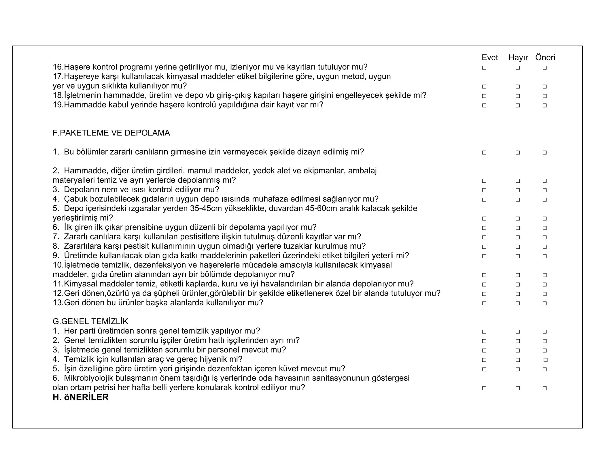 Evet   Hayır Öneri
16.Haşere kontrol programı yerine getiriliyor mu, izleniyor mu ve kayıtları tutuluyor mu?                        □       □     □
17.Haşereye karşı kullanılacak kimyasal maddeler etiket bilgilerine göre, uygun metod, uygun
yer ve uygun sıklıkta kullanılıyor mu?                                                                           □       □     □
18.İşletmenin hammadde, üretim ve depo vb giriş-çıkış kapıları haşere girişini engelleyecek şekilde mi?          □       □     □
19.Hammadde kabul yerinde haşere kontrolü yapıldığına dair kayıt var mı?                                         □       □     □


F.PAKETLEME VE DEPOLAMA

1. Bu bölümler zararlı canlıların girmesine izin vermeyecek şekilde dizayn edilmiş mi?                           □       □     □

2. Hammadde, diğer üretim girdileri, mamul maddeler, yedek alet ve ekipmanlar, ambalaj
materyalleri temiz ve ayrı yerlerde depolanmış mı?                                                               □       □     □
3. Depoların nem ve ısısı kontrol ediliyor mu?                                                                   □       □     □
4. Çabuk bozulabilecek gıdaların uygun depo ısısında muhafaza edilmesi sağlanıyor mu?                            □       □     □
5. Depo içerisindeki ızgaralar yerden 35-45cm yükseklikte, duvardan 45-60cm aralık kalacak şekilde
yerleştirilmiş mi?                                                                                               □       □     □
6. İlk giren ilk çıkar prensibine uygun düzenli bir depolama yapılıyor mu?                                       □       □     □
7. Zararlı canlılara karşı kullanılan pestisitlere ilişkin tutulmuş düzenli kayıtlar var mı?                     □       □     □
8. Zararlılara karşı pestisit kullanımının uygun olmadığı yerlere tuzaklar kurulmuş mu?                          □       □     □
9. Üretimde kullanılacak olan gıda katkı maddelerinin paketleri üzerindeki etiket bilgileri yeterli mi?          □       □     □
10.İşletmede temizlik, dezenfeksiyon ve haşerelerle mücadele amacıyla kullanılacak kimyasal
maddeler, gıda üretim alanından ayrı bir bölümde depolanıyor mu?                                                 □       □     □
11.Kimyasal maddeler temiz, etiketli kaplarda, kuru ve iyi havalandırılan bir alanda depolanıyor mu?             □       □     □
12.Geri dönen,özürlü ya da şüpheli ürünler,görülebilir bir şekilde etiketlenerek özel bir alanda tutuluyor mu?   □       □     □
13.Geri dönen bu ürünler başka alanlarda kullanılıyor mu?                                                        □       □     □

G.GENEL TEMİZLİK
1. Her parti üretimden sonra genel temizlik yapılıyor mu?                                                        □       □     □
2. Genel temizlikten sorumlu işçiler üretim hattı işçilerinden ayrı mı?                                          □       □     □
3. İşletmede genel temizlikten sorumlu bir personel mevcut mu?                                                   □       □     □
4. Temizlik için kullanılan araç ve gereç hijyenik mi?                                                           □       □     □
5. İşin özelliğine göre üretim yeri girişinde dezenfektan içeren küvet mevcut mu?                                □       □     □
6. Mikrobiyolojik bulaşmanın önem taşıdığı iş yerlerinde oda havasının sanitasyonunun göstergesi
olan ortam petrisi her hafta belli yerlere konularak kontrol ediliyor mu?                                        □       □     □
H. öNERİLER


                                                                     205
 