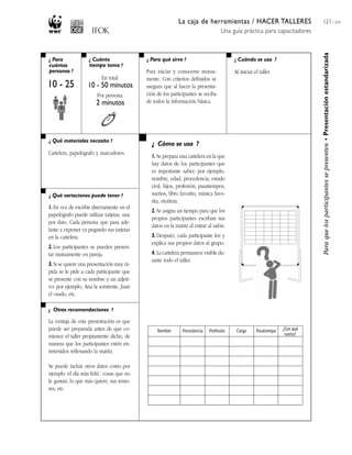 La caja de herramientas / HACER TALLERES
Una guía práctica para capacitadores
121 / 204
¿ Para
cuántas
personas ?
¿ Cuánto
tiempo toma ?
¿ Cuándo se usa ?¿ Para qué sirve ?
¿ Qué materiales necesito ?
¿ Qué variaciones puede tener ?
¿ Otras recomendaciones ?
¿ Cómo se usa ?
Para iniciar y conocerse mutua-
mente. Con criterios definidos se
asegura que al hacer la presenta-
ción de los participantes se reciba
de todos la información básica.
Al iniciar el taller.
Cartelera, papelógrafo y marcadores.
1. En vez de escribir directamente en el
papelógrafo puede utilizar tarjetas, una
por dato. Cada persona que pasa ade-
lante a exponer va pegando sus tarjetas
en la cartelera.
2. Los participantes se pueden presen-
tar mutuamente en pareja.
3. Si se quiere una presentación muy rá-
pida se le pide a cada participante que
se presente con su nombre y un adjeti-
vo: por ejemplo, Ana la sonriente, Juan
el osado, etc.
La ventaja de esta presentación es que
puede ser preparada antes de que co-
mience el taller propiamente dicho, de
manera que los participantes estén en-
tretenidos rellenando la matriz.
Se puede incluir otros datos como por
ejemplo ‘el día más felíz’, cosas que no
le gustan, lo que más quiere, sus temo-
res, etc.
1. Se prepara una cartelera en la que
hay datos de los participantes que
es importante saber; por ejemplo,
nombre, edad, procedencia, estado
civil, hijos, profesión, pasatiempos,
sueños, libro favorito, música favo-
rita, etcétera.
2. Se asigna un tiempo para que los
propios participantes escriban sus
datos en la matriz al entrar al salón.
3. Después, cada participante lee y
explica sus propios datos al grupo.
4. La cartelera permanece visible du-
rante todo el taller.
10 - 25
En total:
10 - 50 minutos
Por persona:
2 minutos
Nombre Procedencia Profesión Cargo Pasatiempo ¿Con qué
sueña?
Paraquelosparticipantessepresenten•Presentaciónestandarizada
 