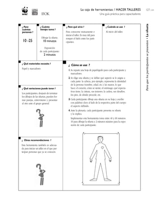 La caja de herramientas / HACER TALLERES
Una guía práctica para capacitadores
127 / 204
¿ Para
cuántas
personas ?
¿ Cuánto
tiempo toma ?
¿ Cuándo se usa ?¿ Para qué sirve ?
¿ Qué materiales necesito ?
¿ Qué variaciones puede tener ?
¿ Otras recomendaciones ?
¿ Cómo se usa ?
Paraquelosparticipantessepresenten•Lasilueta
10 -25
Dibujar la silueta:
10 minutos
Exposición
de cada participante:
2 minutos
Para conocerse mutuamente e
iniciar el taller. Es muy útil para
romper el hielo entre los parti-
cipantes.
Al inicio del taller.
Papel y marcadores.
Los participantes, después de terminar
los dibujos de las siluetas, pueden for-
mar parejas, entrevistarse y presentar
al otro ante el grupo general.
Esta herramienta también es adecua-
da para iniciar un taller en el que par-
ticipan personas que ya se conocen.
1. Se reparte una hoja de papelógrafo para cada participante y
marcadores.
2. Se elige una silueta y se define qué aspecto se le asigna a
cada parte: la cabeza, por ejemplo, representa la identidad
de la persona (nombre, edad, etc.); las manos, lo que
hace; el corazón, cómo se siente; el estómago, qué expecta-
tivas tiene; la cintura, sus temores; la cadera, sus desafíos;
los pies, de dónde procede; etc.
3. Cada participante dibuja una silueta en su hoja y escribe
con palabras clave al lado de la respectiva parte del cuerpo
el aspecto definido.
4. Ante la plenaria, cada participante presenta su silueta
y la explica.
Implementar esta herramienta toma entre 40 y 60 minutos:
10 para dibujar la silueta y 2 minutos máximo para la expo-
sición de cada participante.
 