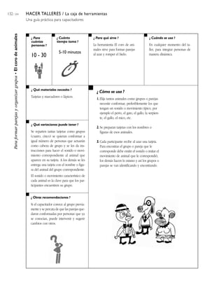 132 / 204 HACER TALLERES / La caja de herramientas
Una guía práctica para capacitadores
¿ Para
cuántas
personas ?
¿ Cuánto
tiempo toma ?
¿ Cuándo se usa ?¿ Para qué sirve ?
¿ Qué materiales necesito ?
¿ Qué variaciones puede tener ?
¿ Otras recomendaciones ?
¿ Cómo se usa ?
Paraformarparejasyorganizargrupos•Elcorodeanimales
10 - 30
5-10 minutos
La herramienta El coro de ani-
males sirve para formar parejas
al azar y romper el hielo.
En cualquier momento del ta-
ller, para integrar personas de
manera dinámica.
Tarjetas y marcadores o lápices.
Se reparten tantas tarjetas como grupos
(cuatro, cinco) se quieran conformar a
igual número de personas que actuarán
como cabeza de grupo y se les da ins-
trucciones para hacer el sonido o movi-
miento correspondiente al animal que
aparece en su tarjeta. A los demás se les
entrega una tarjeta con el nombre o figu-
ra del animal del grupo correspondiente.
El sonido o movimiento característico de
cada animal es la clave para que los par-
ticipantes encuentren su grupo.
Si el capacitador conoce al grupo previa-
mente y se percata de que las parejas que-
daron conformadas por personas que ya
se conocían, puede intervenir y sugerir
cambios con otros.
1. Elija tantos animales como grupos o parejas
necesite conformar, preferiblemente los que
tengan un sonido o movimiento típico, por
ejemplo el perro, el gato, el gallo, la serpien-
te, el gallo, el mico, etc.
2. Se preparan tarjetas con los nombres o
figuras de esos animales.
3. Cada participante recibe al azar una tarjeta.
Para encontrar el grupo o pareja que le
corresponde debe emitir el sonido o imitar el
movimiento de animal que le correspondió;
los demás hacen lo mismo y así los grupos o
parejas se van identificando y encontrando.
 
