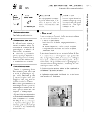 La caja de herramientas / HACER TALLERES
Una guía práctica para capacitadores
137 / 204
¿ Para
cuántas
personas ?
¿ Cuánto
tiempo toma ?
¿ Cuándo se usa ?¿ Para qué sirve ?
¿ Qué materiales necesito ?
¿ Qué variaciones puede tener ?
¿ Otras recomendaciones ?
¿ Cómo se usa ?
Pararecogeropinionesoideas•Lluviadeideas
5 – 25
15 - 45 minutos
Para conseguir información pertinen-
te y variada en forma rápida, en ple-
naria o en grupos. Los temas son
abiertos y se busca recolectar todas
las ideas.
Cuando se requiera obtener ideas
generales de las percepciones y
reacciones de los participantes
frente a un tema. Cuando se quie-
ra introducir un tema.
Papelógrafo, marcadores y tarjetas.
1. A cada participante se le entrega un
marcador y suficientes tarjetas. Tan
pronto como ha expuesto su idea, la
persona la escribe en una tarjeta y la
fija en el tablero personalmente.
2. A continuación se pueden formar
pequeños grupos que eligen entre to-
das las ideas expuestas unas cuantas y
trabajan sobre ellas, analizando cómo
se podrían realizar estas propuestas.
• Para que los participantes se sientan
libres de exponer lo que se les ocurra
se necesita un ambiente abierto, infor-
mal y positivo. Haga cumplir las reglas
de juego y evite cualquier tipo de mani-
festación que pueda inhibir la esponta-
neidad de los miembros del grupo.
• Con el fin de que no hablen varios al
mismo tiempo, el facilitador puede asig-
nar turnos para las intervenciones; esto
ayuda a que no se pierdan ideas valio-
sas y a que los tímidos participen.
• Los participantes necesitarán un tiem-
po de calentamiento para animarse a ex-
presar ideas nuevas y poco comunes.
• Si el flujo de ideas se atascó un poco
es importante continuar, porque gene-
ralmente es a partir de ese momento que
se producen las ideas verdaderamente
nuevas e inovadoras.
1. Se presenta y precisa el tema, y se visualiza la pregunta central para
que esté presente durante todo el tiempo.
2. Se explican las reglas del juego:
• Toda clase de idea es admitida, aunque parezca fantástica o
irracional.
• Se prohibe cualquier crítica sobre las ideas que se exponen.
• Cada persona puede decir tantas ideas como le sea posible,
mientras más mejor.
3. Se concreta el tiempo previsto para la creación (la lluvia) de ideas.
4. Se designa a una o dos personas para que vayan apuntando las
ideas en un papelógrafo o tablero, de manera que sean visibles para
todo el grupo —escritura clara y suficientemente grande—. Se reco-
mienda eliminar todo tipo de restricciones en los aportes para que se
exprese la creatividad de los participantes y puedan surgir ideas inno-
vadoras y asociaciones inusuales.
5. Terminado el tiempo previsto se analizan las ideas considerando su
practicabilidad y se extraen conclusiones.
6. Esta cartelera puede utilizarse como insumo para iniciar el uso de
otras herramientas de planificación,
 