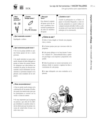 La caja de herramientas / HACER TALLERES
Una guía práctica para capacitadores
139 / 204
¿ Para
cuántas
personas ?
¿ Cuánto
tiempo toma ?
¿ Cuándo se usa ?¿ Para qué
sirve ?
¿ Qué materiales necesito ?
¿ Qué variaciones puede tener ?
¿ Otras recomendaciones ?
¿ Cómo se usa ?
Pararecogeropinionesoideas•Diálogossimultáneosocuchicheo
10 - 30
Entre
30 y 40 minutos
Para obtener la opinión
del grupo acerca de un
tema o problema, favo-
reciendo la participación
de todos los miembros
del grupo.
Cuando la participación no es fluida o el
grupo se encuentra bloqueado, y como no
necesita preprativos se puede realizar en
cualquier momento del taller. Se lleva a cabo
en parejas, por lo que hasta los más tímidos
participan en la conversación.
Papelógrafo o tablero.
• Para no perder mucho tiempo en la
conformación de las parejas el facilita-
dor puede dar instrucciones para que
los participantes se asocien con su
vecino o vecina de asiento.
• Es muy importante que la pregunta
sea precisa y que antes de los diálo-
gos simultáneos se puedan aclarar to-
das las dudas para que las parejas con-
versen de verdad sobre el tema y no
sobre otras cosas.
1. Sobre el tema elegido se formula una pregunta
clara y concisa.
2. Se forman parejas para que conversen sobre las
preguntas.
3. Cada pareja dialoga en voz baja durante 5 minu-
tos —máximo 15—, intercambiando ideas y opinio-
nes para llegar a una respuesta o proposición com-
partida.
4. Todas las personas se reunen nuevamente en la
plenaria, donde se exponen y registran las ideas y
conclusiones de cada pareja.
5. Se sigue trabajando con estos resultados en la
plenaria.
• En vez de parejas también se pue-
den formar grupos de tres o cuatro
personas.
• Se puede introducir un paso inter-
medio: después de haber dialogado en
parejas se juntan dos parejas forman-
do subgrupos que intercambian sus
resultados de pareja, los discuten bre-
vemente y sacan conclusiones. Las con-
clusiones se presentan después en la
plenaria como resultados de los sub-
grupos.
 