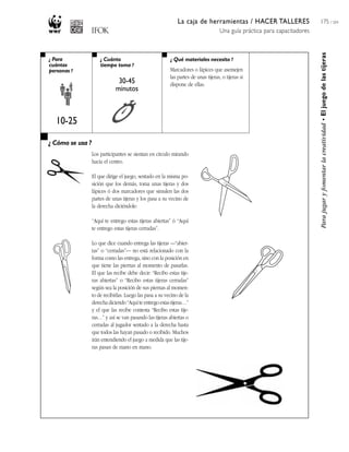 La caja de herramientas / HACER TALLERES
Una guía práctica para capacitadores
175 / 204
¿ Para
cuántas
personas ?
¿ Cuánto
tiempo toma ?
¿ Qué materiales necesito ?
¿ Cómo se usa ?
10-25
30-45
minutos
Marcadores o lápices que asemejen
las partes de unas tijeras, o tijeras si
dispone de ellas.
Los participantes se sientan en círculo mirando
hacia el centro.
El que dirige el juego, sentado en la misma po-
sición que los demás, toma unas tijeras y dos
lápices ó dos marcadores que simulen las dos
partes de unas tijeras y los pasa a su vecino de
la derecha diciéndole:
“Aquí te entrego estas tijeras abiertas” ó “Aquí
te entrego estas tijeras cerradas”.
Lo que dice cuando entrega las tijeras —“abier-
tas” o “cerradas”— no está relacionado con la
forma como las entrega, sino con la posición en
que tiene las piernas al momento de pasarlas.
El que las recibe debe decir: “Recibo estas tije-
ras abiertas” o “Recibo estas tijeras cerradas”
según sea la posición de sus piernas al momen-
to de recibirlas. Luego las pasa a su vecino de la
derecha diciendo “Aquí te entrego estas tijeras…”
y el que las recibe contesta “Recibo estas tije-
ras…” y así se van pasando las tijeras abiertas o
cerradas al jugador sentado a la derecha hasta
que todos las hayan pasado o recibido. Muchos
irán entendiendo el juego a medida que las tije-
ras pasan de mano en mano.
Parajugaryfomentarlacreatividad•Eljuegodelastijeras
 