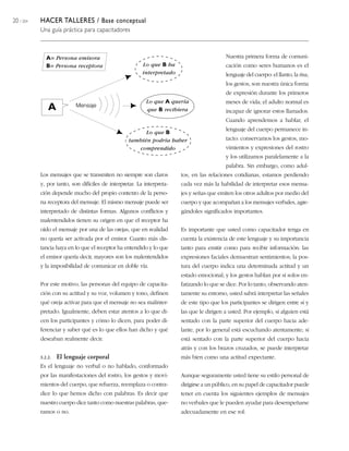 20 / 204 HACER TALLERES / Base conceptual
Una guía práctica para capacitadores
Los mensajes que se transmiten no siempre son claros
y, por tanto, son difíciles de interpretar. La interpreta-
ción depende mucho del propio contexto de la perso-
na receptora del mensaje. El mismo mensaje puede ser
interpretado de distintas formas. Algunos conflictos y
malentendidos tienen su origen en que el receptor ha
oído el mensaje por una de las orejas, que en realidad
no quería ser activada por el emisor. Cuanto más dis-
tancia haya en lo que el receptor ha entendido y lo que
el emisor quería decir, mayores son los malentendidos
y la imposibilidad de comunicar en doble vía.
Por este motivo, las personas del equipo de capacita-
ción con su actitud y su voz, volumen y tono, definen
qué oreja activar para que el mensaje no sea malinter-
pretado. Igualmente, deben estar atentos a lo que di-
cen los participantes y cómo lo dicen, para poder di-
ferenciar y saber qué es lo que ellos han dicho y qué
deseaban realmente decir.
3.2.2. El lenguaje corporal
Es el lenguaje no verbal o no hablado, conformado
por las manifestaciones del rostro, los gestos y movi-
mientos del cuerpo, que refuerza, reemplaza o contra-
dice lo que hemos dicho con palabras. Es decir que
nuestro cuerpo dice tanto como nuestras palabras, que-
ramos o no.
Nuestra primera forma de comuni-
cación como seres humanos es el
lenguaje del cuerpo: el llanto, la risa,
los gestos, son nuestra única forma
de expresión durante los primeros
meses de vida; el adulto normal es
incapaz de ignorar estos llamados.
Cuando aprendemos a hablar, el
lenguaje del cuerpo permanece in-
tacto: conservamos los gestos, mo-
vimientos y expresiones del rostro
y los utilizamos paralelamente a la
palabra. Sin embargo, como adul-
tos, en las relaciones cotidianas, estamos perdiendo
cada vez más la habilidad de interpretar esos mensa-
jes y señas que emiten los otros adultos por medio del
cuerpo y que acompañan a los mensajes verbales, agre-
gándoles significados importantes.
Es importante que usted como capacitador tenga en
cuenta la existencia de este lenguaje y su importancia
tanto para emitir como para recibir información: las
expresiones faciales demuestran sentimientos; la pos-
tura del cuerpo indica una determinada actitud y un
estado emocional; y los gestos hablan por sí solos en-
fatizando lo que se dice. Por lo tanto, observando aten-
tamente su entorno, usted sabrá interpretar las señales
de este tipo que los participantes se dirigen entre sí y
las que le dirigen a usted. Por ejemplo, si alguien está
sentado con la parte superior del cuerpo hacia ade-
lante, por lo general está escuchando atentamente; si
está sentado con la parte superior del cuerpo hacia
atrás y con los brazos cruzados, se puede interpretar
más bien como una actitud expectante.
Aunque seguramente usted tiene su estilo personal de
dirigirse a un público, en su papel de capacitador puede
tener en cuenta los siguientes ejemplos de mensajes
no verbales que le pueden ayudar para desempeñarse
adecuadamente en ese rol:
A= Persona emisora
B= Persona receptora
A Mensaje
Lo que B ha
interpretado
Lo que A quería
que B recibiera
Lo que B
también podría haber
comprendido
 