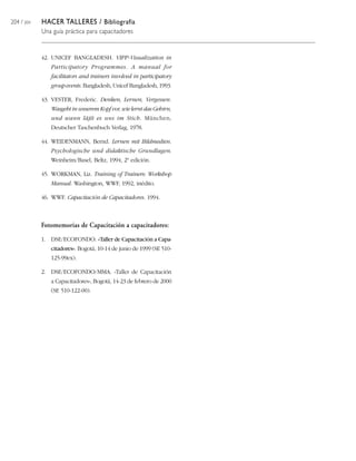 204 / 204 HACER TALLERES / Bibliografía
Una guía práctica para capacitadores
42. UNICEF BANGLADESH. VIPP-Visualization in
Participatory Programmes. A manual for
facilitators and trainers involved in participatory
groupevents. Bangladesh, Unicef Bangladesh, 1993.
43. VESTER, Frederic. Denken, Lernen, Vergessen.
Wasgeht in unserem Kopf vor, wie lernt das Gehirn,
und wann läßt es uns im Stich. München,
Deutscher Taschenbuch Verlag, 1978.
44. WEIDENMANN, Bernd. Lernen mit Bildmedien.
Psychologische und didaktische Grundlagen.
Weinheim/Basel, Beltz, 1994, 2ª edición.
45. WORKMAN, Liz. Training of Trainers: Workshop
Manual. Washington, WWF, 1992, inédito.
46. WWF. Capacitación de Capacitadores. 1994.
Fotomemorias de Capacitación a capacitadores:
1. DSE/ECOFONDO. «Taller de Capacitación a Capa-
citadores». Bogotá, 10-14 de junio de 1999 (SE 510-
125-99ex).
2. DSE/ECOFONDO/MMA. «Taller de Capacitación
a Capacitadores», Bogotá, 14-23 de febrero de 2000
(SE 510-122-00).
 