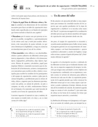 Organización de un taller de capacitación / HACER TALLERES
Una guía práctica para capacitadores
49 / 204
cubre con la parte opaca hacia afuera; esto favorece la
obtención de buenas fotos.
• Tarjetas de papel firme de diferentes colores y for-
mas: la cantidad y las dimensiones de los materiales
necesarios para hacer un taller de capacitación visua-
lizado están especificadas en un listado de materiales
que hemos incluido al final de este capítulo.1
• Marcadores: por lo menos uno por persona en ne-
gro (si es posible, recargables), y aproximadamente
12 de colores azul, rojo y verde para resaltar. Adver-
tencia: evite marcadores de punta redonda, ya que
estos disminuyen la legibilidad, y tenga en cuenta las
recomendaciones para el uso de los colores.
• Otros materiales: como alfileres y sus almohadillas,
rótulos o puntos adhesivos de diferentes colores para
marcar, pegamento y cinta adhesiva o de enmascarar,
tijeras, engrapadora, perforadora, clips, lápices, lapi-
ceros, libretas de apuntes, calculadora, papel para
imprimir, fólderes y materiales necesarios para la ela-
boración de la fotomemoria, acetatos o transparencias
con marcadores para escribir en ellos, rótulos o esca-
rapelas para escribir los nombres de los participantes
y del equipo de capacitación, carretes y pilas para la
cámara fotográfica, y posiblemente para la cámara de
video; dulces y juguetes para las dinámicas previstas,
como una pelota, un animal de peluche, un pito o
campana, un reloj, un dado, medicamentos básicos
de un botiquín y los materiales que usted necesite de
acuerdo con el tema de capacitación del taller.
Conviene organizar el material en cajas o maletas; de
esta manera se tendrá todo a la vista y, así, se dará
cuenta de si falta algo.2
5.8. Un día antes del taller
El día anterior a la ejecución del taller es muy impor-
tante para terminar de consolidar muchos de los as-
pectos que aún quedan pendientes de la etapa de
organización y establecer si se necesita echar mano
del “Plan B”. La persona encargada de la coordinación
del taller procura que los demás miembros del equipo
de capacitación estén presentes desde este día.
Así pues, el equipo de capacitación se encuentra y
acuerda asuntos pendientes para el taller: revisa y ajusta
el programa general con sus requerimientos de mate-
riales, equipos —en buen funcionamiento—, apoyos
académicos adicionales y asuntos de logística. Luego
todos revisan y ajustan el guión del primer día3 y final-
mente elaboran la agenda.4
La agenda es la descripción sucesiva y ordenada de
las diferentes acciones que se realizarán durante cada
día, con su respectiva asignación de tiempos. La rela-
ción que tengan estas actividades con los objetivos de
la capacitación, combinada con su experiencia y sen-
tido común, le servirán de referencia para definir la
duración de cada una de ellas. La exposición perma-
nente de la agenda permite que todos conozcan los
diferentes temas que se van a tratar, sepan a qué ate-
nerse y ayuda a optimizar el tiempo. Además, da una
idea de los resultados de cada día. Al construir la agenda
tenga en cuenta el ciclo circadiano5 y por tanto trate
de ubicar en las horas de la mañana los temas que
requieran mayor atención y creatividad.
La distribución del tiempo en el programa y en la agen-
da es un asunto de cuidado, pues casi siempre las ac-
1 Ver: Organización de un taller de capacitación, Listado
de los requerimientos del lugar de un taller, p. 53.
2 Ver: Organización de un taller de capacitación, Listado
de los materiales..., p. 54.
3 Ver: El equipo de capacitación, El guión, p. 86.
4 Ver: La organización de un taller de capacitación,
Ejemplo de una Agenda de taller,p. 55.
5 Ver: Base conceptual, El aprendizaje, p.17.
 