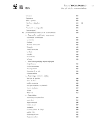 Índice / HACER TALLERES
Una guía práctica para capacitadores
5 / 204
Carteleras 114
Diapositivas 114
Notas o apuntes 115
Videobeam o datashow 115
Video 116
Presentación en computador 116
Visita de campo 117
8.3. Las herramientas al servicio de la capacitación 118
8.3.1. Para que los participantes se presenten
Presentación estandarizada 121
La entrevista 122
El dibujo 123
Mediante ilustraciones 124
El escudo 125
El libro de mi vida 126
La silueta 127
El ovillo 128
El clasificado 129
Se busca 130
8.3.2. Para formar parejas y organizar grupos
Parejas famosas 131
El coro de animales 132
Dichos y refranes 133
Dos puntas de un hilo 134
El rompecabezas 135
8.3.3. Para recoger opiniones o ideas
Selección de opciones 136
Lluvia de ideas 137
Sondeo por tarjeta 138
Diálogos simultáneos o cuchicheo 139
Grupos circulantes 140
Pecera 142
Phillips 66 143
8.3.4. Para analizar
Intercambio de experiencias 144
Juego de rol 145
Mapa conceptual 146
Estudio de caso 147
Simulación 148
Excursión o visita de campo 149
Análisis FODA 150
Diagramas de Venn 151
Diagramas de flujo 152
110
 