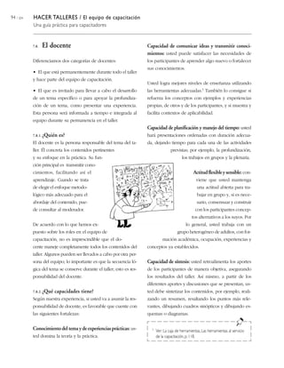94 / 204 HACER TALLERES / El equipo de capacitación
Una guía práctica para capacitadores
7.8. El docente
Diferenciamos dos categorías de docentes:
• El que está permanentemente durante todo el taller
y hace parte del equipo de capacitación.
• El que es invitado para llevar a cabo el desarrollo
de un tema específico o para apoyar la profundiza-
ción de un tema, como presentar una experiencia.
Esta persona será informada a tiempo e integrada al
equipo durante su permanencia en el taller.
7.8.1. ¿Quién es?
El docente es la persona responsable del tema del ta-
ller. Él concreta los contenidos pertinentes
y su enfoque en la práctica. Su fun-
ción principal es transmitir cono-
cimientos, facilitando así el
aprendizaje. Cuando se trata
de elegir el enfoque metodo-
lógico más adecuado para el
abordaje del contenido, pue-
de consultar al moderador.
De acuerdo con lo que hemos ex-
puesto sobre los roles en el equipo de
capacitación, no es imprescindible que el do-
cente maneje completamente todos los contenidos del
taller. Algunos pueden ser llevados a cabo por otra per-
sona del equipo; lo importante es que la secuencia ló-
gica del tema se conserve durante el taller; esto es res-
ponsabilidad del docente.
7.8.2. ¿Qué capacidades tiene?
Según nuestra experiencia, si usted va a asumir la res-
ponsabilidad de docente, es favorable que cuente con
las siguientes fortalezas:
Conocimiento del tema y de experiencias prácticas: us-
ted domina la teoría y la práctica.
Capacidad de comunicar ideas y transmitir conoci-
mientos: usted puede satisfacer las necesidades de
los participantes de aprender algo nuevo o fortalecer
sus conocimientos.
Usted logra mejores niveles de enseñanza utilizando
las herramientas adecuadas.1 También lo consigue si
refuerza los conceptos con ejemplos y experiencias
propias, de otros y de los participantes, y si muestra y
facilita contextos de aplicabilidad.
Capacidad de planificación y manejo del tiempo: usted
hará presentaciones ordenadas con duración adecua-
da, dejando tiempo para cada una de las actividades
previstas; por ejemplo, la profundización,
los trabajos en grupos y la plenaria.
Actitudflexibleysensible: con-
viene que usted mantenga
una actitud abierta para tra-
bajar en grupo y, si es nece-
sario, consensuar y construir
con los participantes concep-
tos alternativos a los suyos. Por
lo general, usted trabaja con un
grupo heterogéneo de adultos, con for-
mación académica, ocupación, experiencias y
conceptos ya establecidos.
Capacidad de síntesis: usted retroalimenta los aportes
de los participantes de manera objetiva, asegurando
los resultados del taller. Así mismo, a partir de los
diferentes aportes y discusiones que se presentan, us-
ted debe sintetizar los contenidos, por ejemplo, reali-
zando un resumen, resaltando los puntos más rele-
vantes, dibujando cuadros sinópticos y dibujando es-
quemas o diagramas.
1 Ver: La caja de herramientas, Las herramientas al servicio
de la capacitación, p. 118.
 