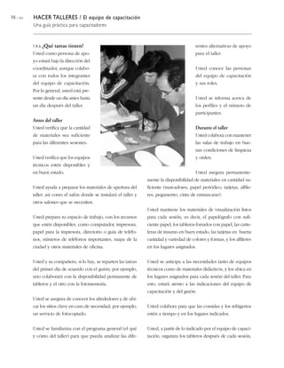98 / 204 HACER TALLERES / El equipo de capacitación
Una guía práctica para capacitadores
7.9.3. ¿Qué tareas tienen?
Usted como persona de apo-
yo estará bajo la dirección del
coordinador, aunque colabo-
ra con todos los integrantes
del equipo de capacitación.
Por lo general, usted está pre-
sente desde un día antes hasta
un día después del taller.
Antes del taller
Usted verifica que la cantidad
de materiales sea suficiente
para las diferentes sesiones.
Usted verifica que los equipos
técnicos estén disponibles y
en buen estado.
Usted ayuda a preparar los materiales de apertura del
taller, así como el salón donde se instalará el taller y
otros salones que se necesiten.
Usted prepara su espacio de trabajo, con los recursos
que estén disponibles, como computador, impresora,
papel para la impresora, directorio o guía de teléfo-
nos, números de teléfonos importantes, mapa de la
ciudad y otros materiales de oficina.
Usted y su compañero, si lo hay, se reparten las tareas
del primer día de acuerdo con el guión; por ejemplo,
uno colaborará con la disponibilidad permanente de
tableros y el otro con la fotomemoria.
Usted se asegura de conocer los alrededores y de ubi-
car los sitios clave en caso de necesidad; por ejemplo,
un servicio de fotocopiado.
Usted se familiariza con el programa general (el qué
y cómo del taller) para que pueda analizar las dife-
rentes alternativas de apoyo
para el taller.
Usted conoce las personas
del equipo de capacitación
y sus roles.
Usted se informa acerca de
los perfiles y el número de
participantes.
Durante el taller
Usted colabora con mantener
las salas de trabajo en bue-
nas condiciones de limpieza
y orden.
Usted asegura permanente-
mente la disponibilidad de materiales en cantidad su-
ficiente (marcadores, papel periódico, tarjetas, alfile-
res, pegamento, cinta de enmascarar).
Usted mantiene los materiales de visualización listos
para cada sesión, es decir, el papelógrafo con sufi-
ciente papel, los tableros forrados con papel, las carte-
leras de insumo en buen estado, las tarjetas en buena
cantidad y variedad de colores y formas, y los alfileres
en los lugares asignados.
Usted se anticipa a las necesidades tanto de equipos
técnicos como de materiales didácticos, y los ubica en
los lugares asignados para cada sesión del taller. Para
esto, estará atento a las indicaciones del equipo de
capacitación y del guión.
Usted colabora para que las comidas y los refrigerios
estén a tiempo y en los lugares indicados.
Usted, a partir de lo indicado por el equipo de capaci-
tación, organiza los tableros después de cada sesión,
 