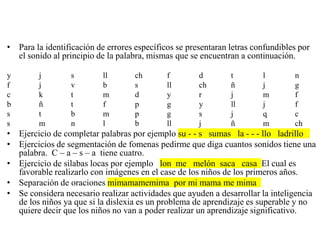 • Para la identificación de errores específicos se presentaran letras confundibles por
el sonido al principio de la palabra, mismas que se encuentran a continuación.
y j s ll ch f d t l n
f j v b s ll ch ñ j g
c k t m d y r j m f
b ñ t f p g y ll j f
s t b m p g s j q c
s m n l b ll j ñ m ch
• Ejercicio de completar palabras por ejemplo su - - s sumas la - - - llo ladrillo
• Ejercicios de segmentación de fomenas pedirme que diga cuantos sonidos tiene una
palabra. C – a – s – a tiene cuatro.
• Ejercicio de silabas locas por ejemplo lon me melón saca casa El cual es
favorable realizarlo con imágenes en el case de los niños de los primeros años.
• Separación de oraciones mimamamemima por mi mama me mima
• Se considera necesario realizar actividades que ayuden a desarrollar la inteligencia
de los niños ya que si la dislexia es un problema de aprendizaje es superable y no
quiere decir que los niños no van a poder realizar un aprendizaje significativo.
 