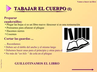 Vamos a hacer un libro



                            TABAJAR EL CUERPO (I)
                   Preparar
                   cuadernillos:
                   • Plegar las hojas si es un libro nuevo /descoser si es una restauración
                   • Prensamos para afianzar el pliegue
                   • Hacemos sierres
                   • Cosemos
                   Cortar las guardas ...
                   ... Recordamos
                   • Deben ser el doble del ancho y el mismo largo
                   • Debemos hacer unas para el principio y otras para el final
                   • No más de “un hilo “ de cola en el pliegue
Luisa Sirgo Grau




                            GUILLOTINAMOS EL LIBRO
 