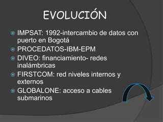 EVOLUCIÓN
 IMPSAT: 1992-intercambio de datos con
puerto en Bogotá
 PROCEDATOS-IBM-EPM
 DIVEO: financiamiento- redes
inalámbricas
 FIRSTCOM: red niveles internos y
externos
 GLOBALONE: acceso a cables
submarinos
 