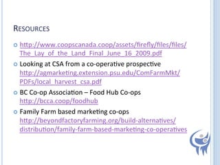 RESOURCES	
  
  hZp://www.coopscanada.coop/assets/ﬁreﬂy/ﬁles/ﬁles/

The_Lay_of_the_Land_Final_June_16_2009.pdf	
  
  Looking	
  at	
  CSA	
  from	
  a	
  co-­‐opera=ve	
  prospec=ve	
  
hZp://agmarke=ng.extension.psu.edu/ComFarmMkt/
PDFs/local_harvest_csa.pdf	
  
  BC	
  Co-­‐op	
  Associa=on	
  –	
  Food	
  Hub	
  Co-­‐ops	
  
hZp://bcca.coop/foodhub	
  
  Family	
  Farm	
  based	
  marke=ng	
  co-­‐ops	
  
hZp://beyondfactoryfarming.org/build-­‐alterna=ves/
distribu=on/family-­‐farm-­‐based-­‐marke=ng-­‐co-­‐opera=ves	
  

 