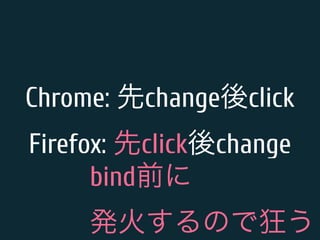 Chrome: 先change後click 
Firefox: 先click後change 
bind前に 
発火するので狂う 
 