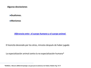 Algunas desviaciones
Dualismos.
Monismos
Diferencia entre el cuerpo humano y el cuerpo animal.
El leoncito devorado por los otros, minutos después de haber jugado
La especialización animal contra la no especialización humana*
*BURGOS, J. Manuel. (2003) Antropología: una guia para la existencia. Ed. Palabra. Madrid. Pag. 75-77
 