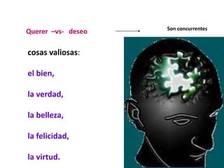 Querer –vs- deseo Son concurrentes
cosas valiosas:
el bien,
la verdad,
la belleza,
la felicidad,
la virtud.
 