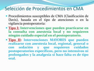 Selección de Procedimientos en CMA
 Tipo III: Los que requieren cuidados prolongados
del entorno hospitalario en el posto...